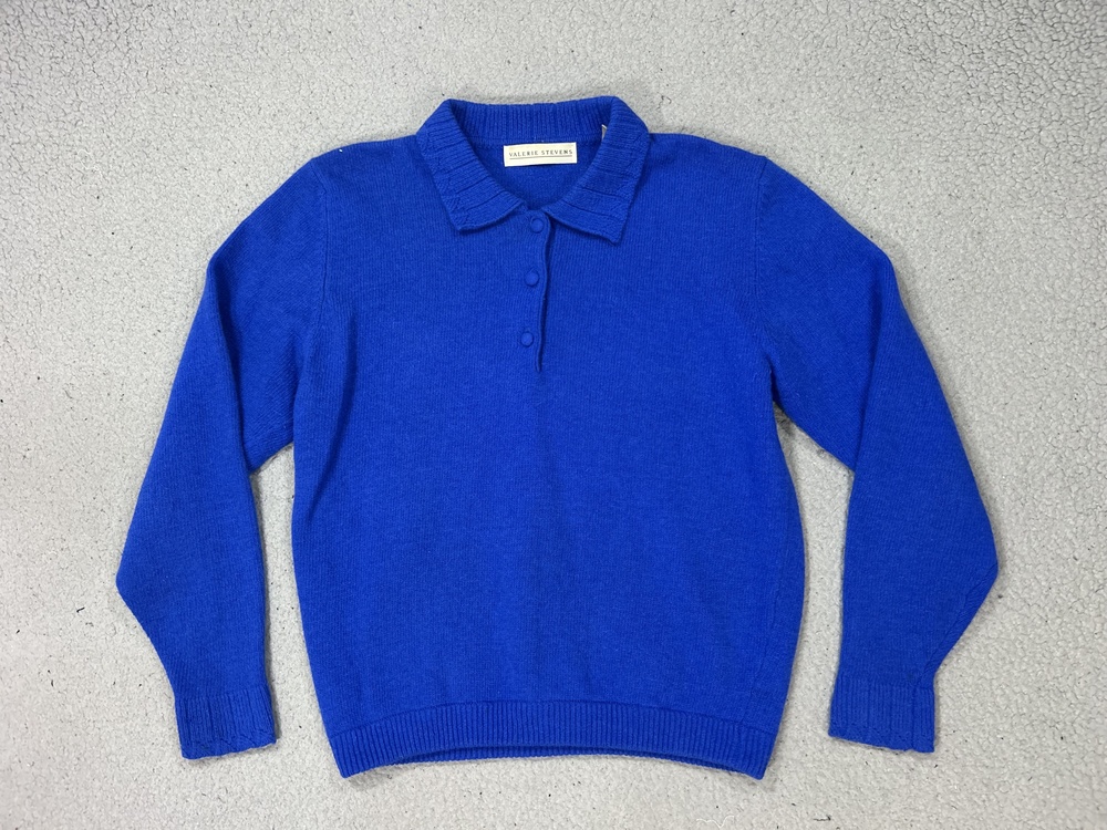Vintage Valerie Stevens Sweater Womens Medium Blue Angora Collared Knit Pullover